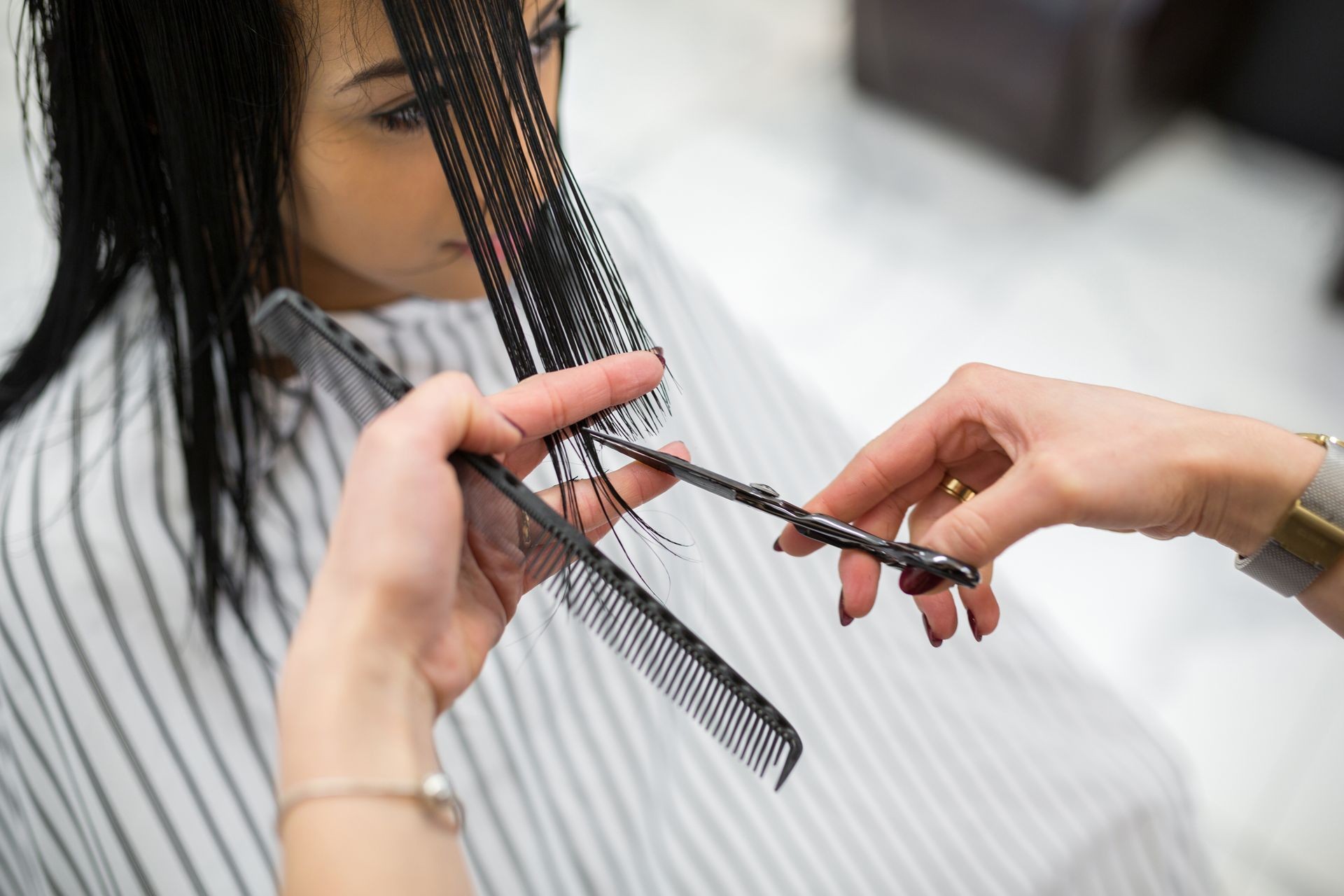 beauty scissors, scissor sharpening, scissor repair, grooming scissors, salon scissors, hairdresser, Black hair woman having hair cut